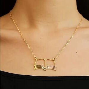 Brand New Dainty Golden Toned Open Book Pendant Necklace